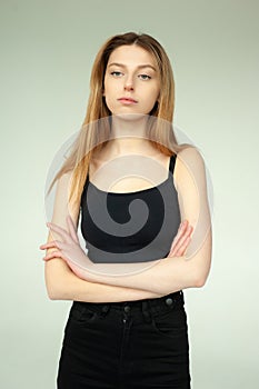 Studio model test, snap, polaroid. Beautiful young european woman on white background