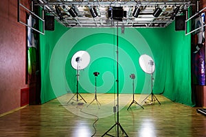 Studio for movies. Green screen. The chroma key. Lighting equipment in the pavilion