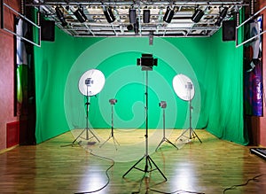 Studio for movies. Green screen. The chroma key. Lighting equipment in the pavilion