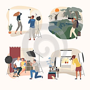 Studio or outdoor photographer vector illustration, cartoon flat adult people with camera making photo, photography set