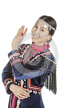 Studio photo girl with east face, in the Bashkir national costume, a nation living on the territory of Russia, on a white