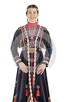 Studio photo of the girl east type in Bashkir national costume, a nation living on the territory of Russia