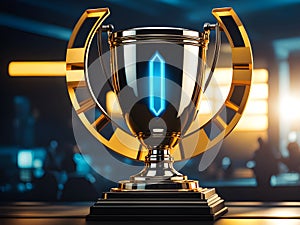 A studio photo with a golden trophy against a dark backdrop and dramatic lighting.