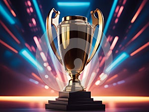 A studio photo with a golden trophy against a dark backdrop and dramatic lighting.