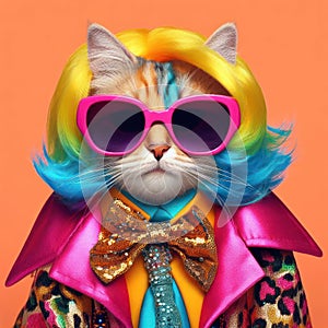 Studio photo portrait of a flamboyant cat boldly dressed in bright colored clothes