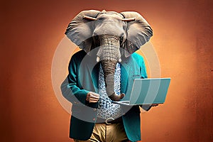 Studio photo portrait of a happy elephant in hipster clothes with laptop, created with Generative AI technology