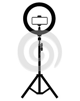 studio photo ring light icon. light for selfie sign. cutout Led ring lamp on tripod with smartphone. flat style