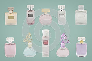 Studio photo of set of luxury perfume bottles. Isolated