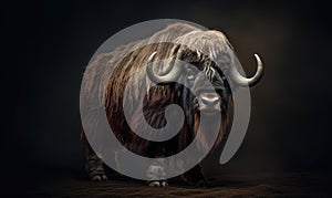 studio photo shot of Musk oxen on dark background. Generative AI