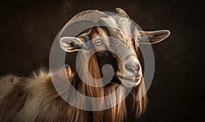 studio photo shot of Oberhasli goat on dark background. Generative AI