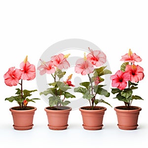 Studio Photography: Four Pink Hibiscus Flowers In Pots On White Background