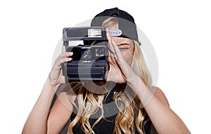 Studio, photography and woman with retro camera tech isolated on a white background. Fashion, vintage lens and person