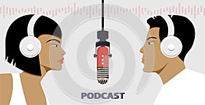 Studio podcasting. Online radio concept. Woman in headphones interviewing man. Vector illustration