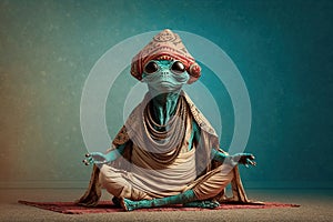 Studio portrait of alien in boho clothes doing yoga, created with Generative AI technology