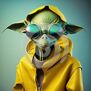 Studio portrait of an alien wearing sun glasses and fashion outfits