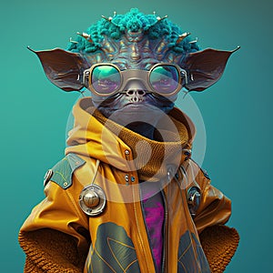 Studio portrait of an alien wearing sun glasses and fashion outfits