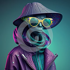 Studio portrait of an alien wearing sun glasses and fashion outfits