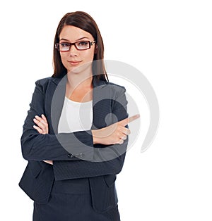 Studio portrait, arms crossed and business woman point at mockup space, promotion info or sales notification. Branding