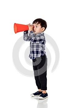 A studio portrait of an asian male child playing with a megaphone