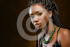 Studio portrait of attractive african woman with braids.