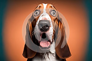 Studio portrait of a basset hound with a surprised face, created with Generative AI technology