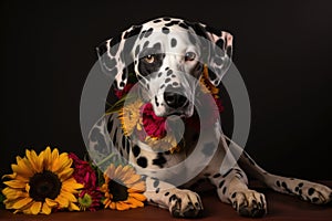 Studio portrait of a beautiful dalmatian dog with sunflowers