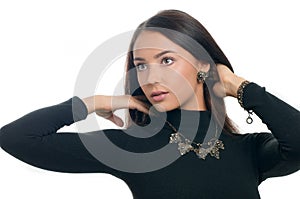 Studio portrait beautiful long hair woman demonstrated stylish a