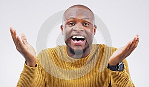 Studio, portrait and black man with I dont know or shrug with face shock, surprised and mind blown. Mockup, male person