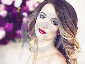 Studio portrait of blooming gorgeous blonde lady in fantastic cr