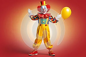 studio portrait of a clown on plain studio background, good for 1 april fool& x27;s day banner, space for text