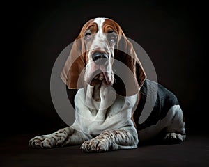 Studio portrait on dark background of a Basset Hound dog created with Generative AI technology.