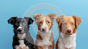 Studio portrait of dogs looking up on blue background