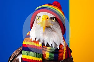 Studio portrait of an eagle, wearing knitted hat, scarf and mittens. Colorful winter and cold weather concept