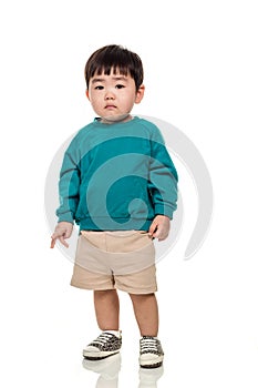 Studio portrait of an East Asian young child with a serious look on a white background