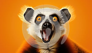 Studio Portrait of Funny and Excited Lemur on Orange Background with Shocked or Surprised Expression and Open Mouth