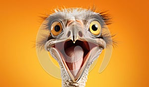 Studio Portrait of Funny and Excited Ostrich on Orange Background with Shocked or Surprised Expression and Open Mouth