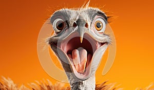 Studio Portrait of Funny and Excited Ostrich on Orange Background with Shocked or Surprised Expression and Open Mouth
