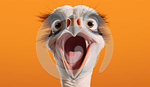 Studio Portrait of Funny and Excited Ostrich on Orange Background with Shocked or Surprised Expression and Open Mouth