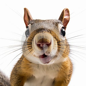 Studio Portrait of Funny squirrel on a white background. 360 degrees panoramic camera, AI generative photo