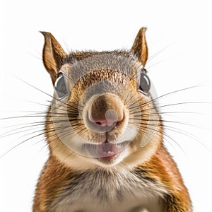Studio Portrait of Funny squirrel on a white background. 360 degrees panoramic camera, AI generative photo
