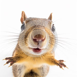 Studio Portrait of Funny squirrel on a white background. 360 degrees panoramic camera, AI generative photo