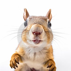 Studio Portrait of Funny squirrel on a white background. 360 degrees panoramic camera, AI generative photo