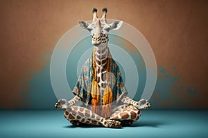 Studio portrait of giraffe in boho clothes doing meditation, created with Generative AI technology