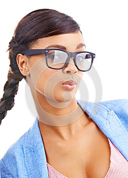 Studio, portrait and girl with glasses, flirt and confidence in eyewear, geek fashion and casual business clothes. Kiss