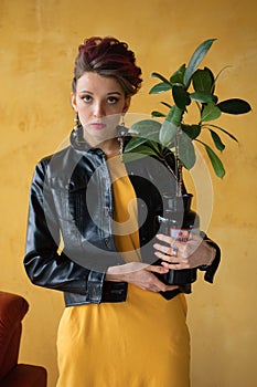 Studio portrait of glamorous lady in punk rock style party clothes with dark pink mohawk in casual dress, black leather