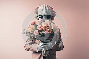 Studio portrait of happy alien in a business suit holding flowers, created with Generative AI technology