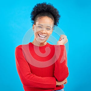 Studio, portrait and happy black woman with natural beauty and confidence with afro hairstyle and casual fashion. Smile