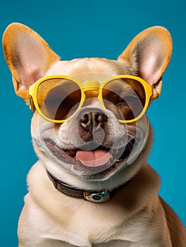 Studio Portrait of a Happy smiling Boston Terrier breed dog wearing glasses