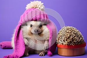 Studio portrait of a hedgehog wearing knitted hat, scarf and mittens. Colorful winter and cold weather concept