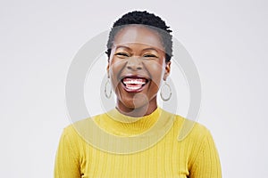 Studio, portrait and laugh for black woman, funny and confidence on white background. Face, joke and comedy for happy